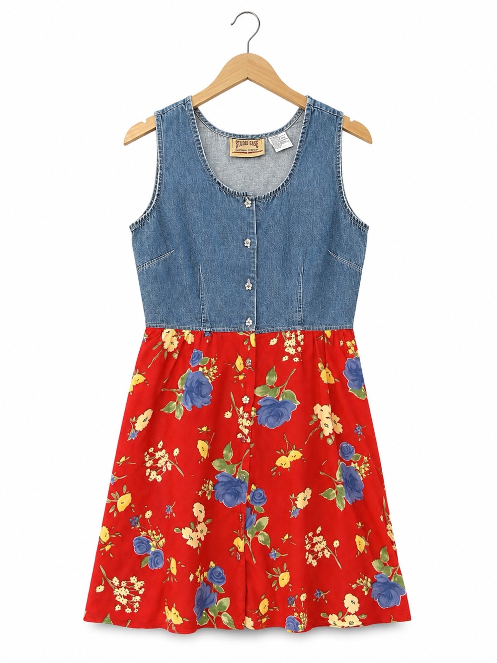 VTG 90s Studio Ease Dress Size 14 Denim and Floral Button Front Mini soft Grunge